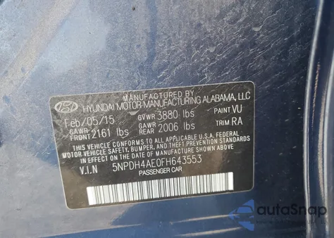 2015 Hyundai Elantra Se from USA, damaged, VIN 5NPDH4AE0FH643553